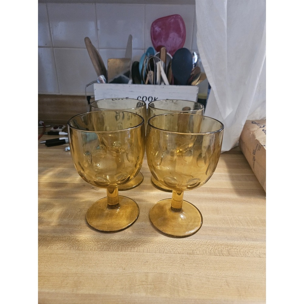 VINTAGE Bartlett Collins Amber Yellow Thumbprint Glass Goblet 16 oz. Set Of 4
